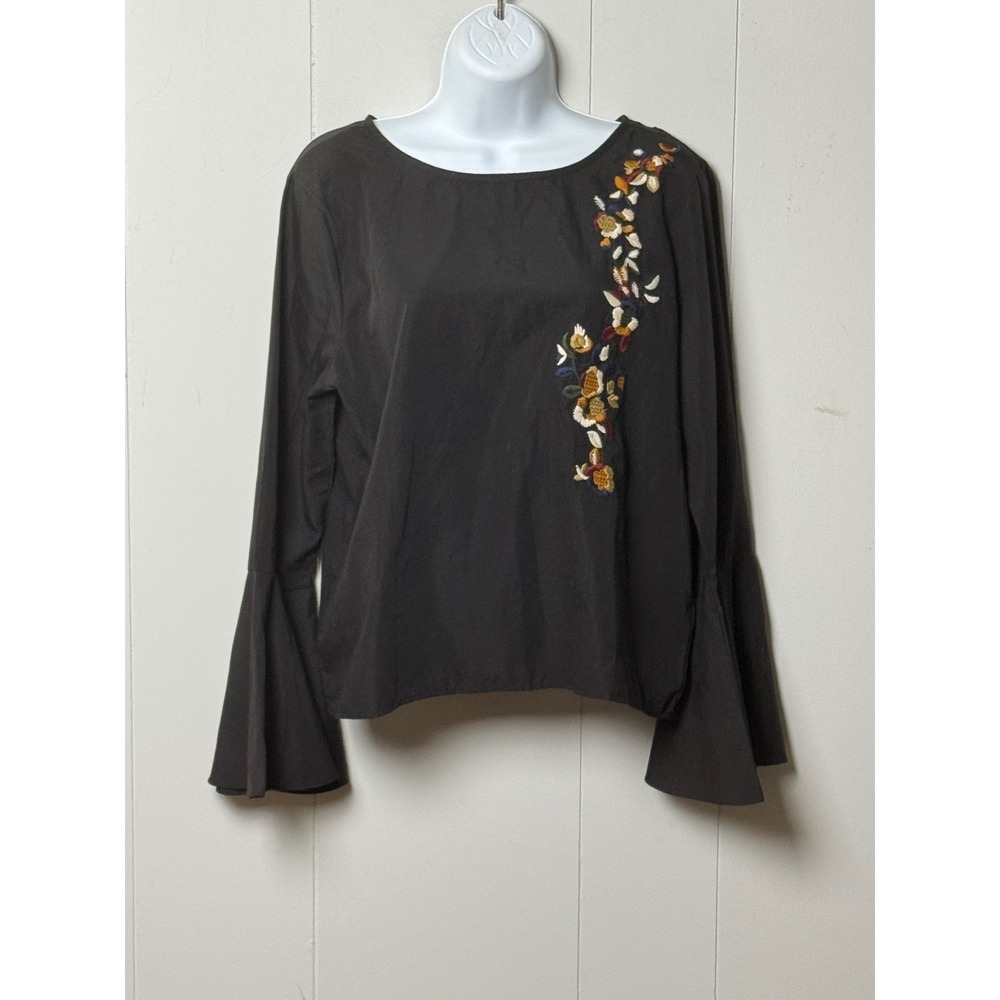 Cliche Womens Black Floral Embroidered Bell Sleeve Blouse Bow Back Neck Sz Large